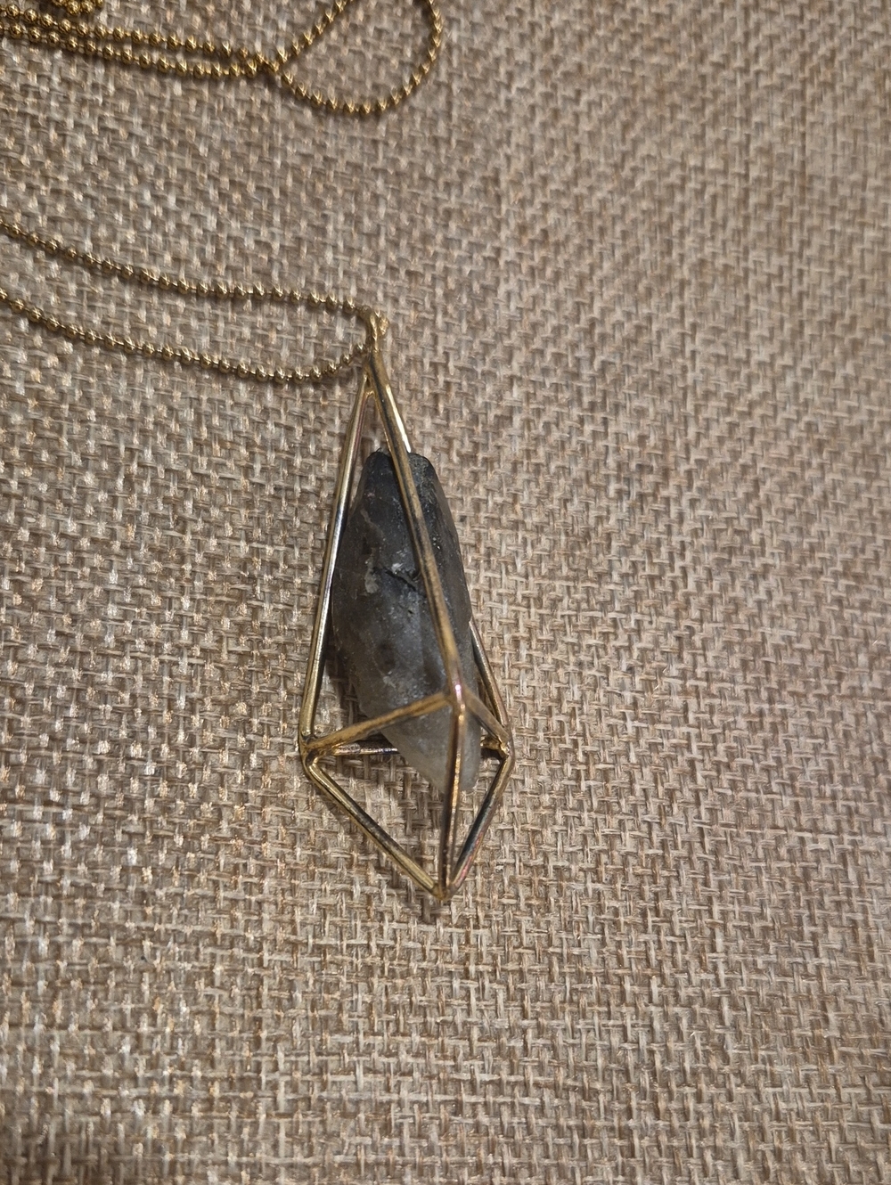 Gold Geometric Cage Pendant Necklace with Gray Stone
